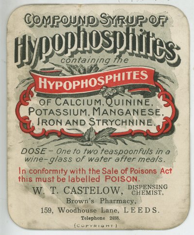 Štítek Compound Sirup of Hypophosphites, počátek 20. století (barevné lito) od English School
