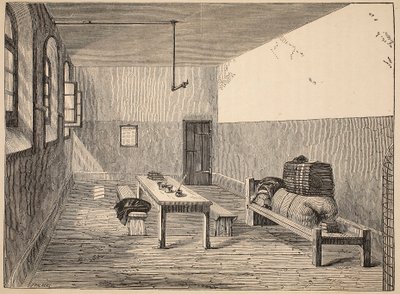 Odsouzená cela, Newgate, ilustrace z knihy The Criminal Prisons of London and Scenes from Prison Life od Henryho Mayhewa a Johna Binnyho, vyd. 1862 od English School