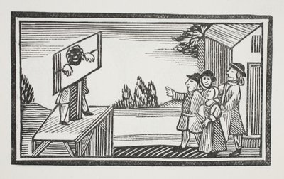 Odsouzen stát jednu hodinu nebo déle na pranýři, ilustrace z Chap-books of the Eighteenth Century od Johna Ashtona, hospoda. 1882 od English School