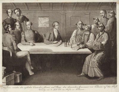 Konference v Chusan mezi komodorem Bremerem a čínským úředníkem na HMS Wellesley 4. července 1841 od English School