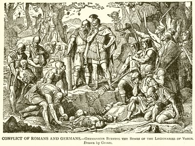 Konflikt Římanů a Germánů.- Germanicus pohřbívání kostí legionářů z Vara od English School