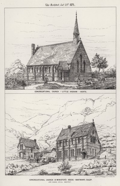 sborová církev, Little Hadham, Herts; Kongregační kostel a dům ministra, Nantmawr, Salop (rytina) od English School