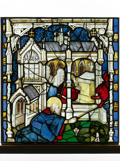 Zachovalý panel z Velkého východního okna v York Minster: „St John Measures the Temple“ od English School