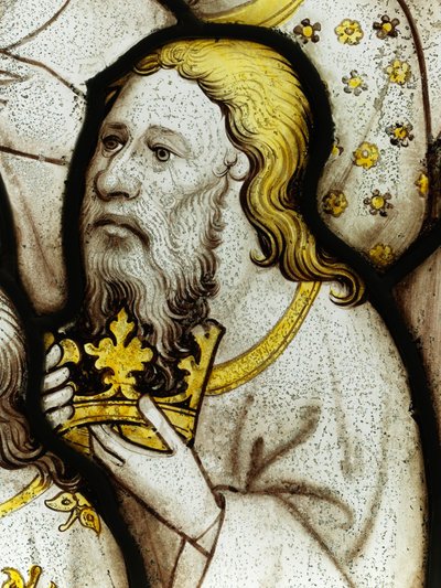Zachovalá část z Velkého východního okna v York Minster: „Starší uctívají Boha“ od English School