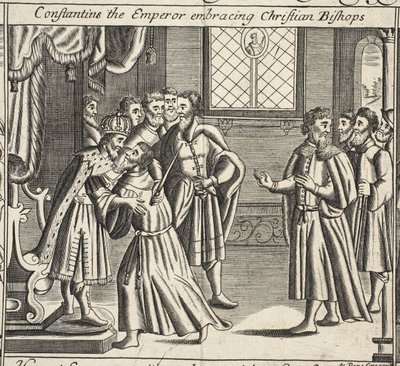 Constantin the Emperor objímající křesťanské biskupy, ilustrace z Acts and Monuments od Johna Foxe, deváté vydání, pub. 1684 od English School