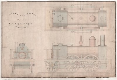 Konstrukční výkres, lokomotiva 0-4-2 a tendr od R. a W. Hawthornových a spol. pro Stanhope and Tyne Railway Co. od English School