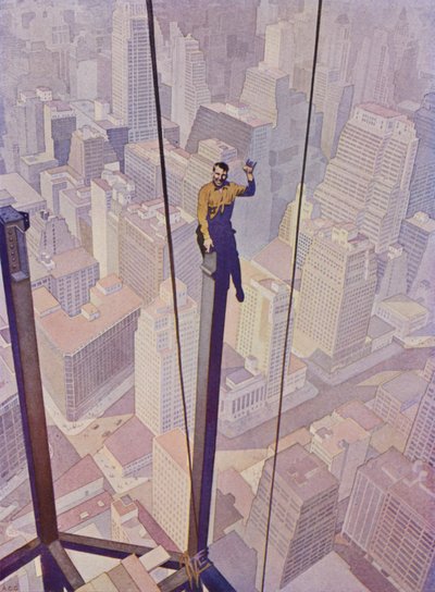 Stavební dělník na ocelovém rámu mrakodrapu vysoko nad ulicemi New York City, New York, USA (barva litho) od English School