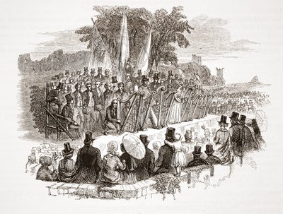 Soutěž o zlatou harfu v Royal Denbigh Eisteddfod před H.R.H. vévoda ze Susses v roce 1828 (ocelová rytina) od English School