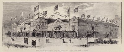 Convention Hall, Belfast, postavený pro Ulsterské unionistické shromáždění z roku 1892, které se konalo k demonstraci odporu ulsterských unionistů k irské samosprávě (litho) od English School