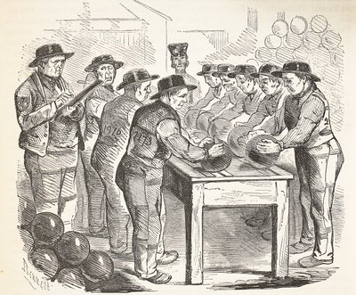 Odsouzení při škrabání, ilustrace z knihy The Criminal Prisons of London and Scenes from Prison Life od Henryho Mayhewa a Johna Binnyho, vyd. 1862 od English School