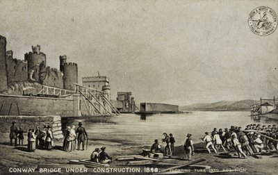 Conway Bridge ve výstavbě, 1848 od English School
