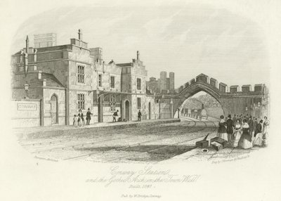 Nádraží Conwy a gotický oblouk v městské zdi, postavený v roce 1847 od English School