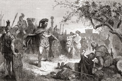 Coriolanus se po svém vyhnanství vrací do Říma jako nepřítel, z Wardovy a Lockovy ilustrované historie světa, vyd. cca 1882. od English School