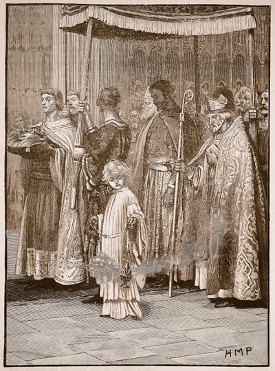 Richardova korunovace ve Westminsterském opatství: průvod podél oltáře, ilustrace z Cassells Illustrated History of England (sépiová fotografie) od English School