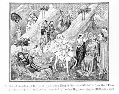 Korunovace velkého chána (Kublai Khan) (1214-94) První král Tartarie, z Fleur des Histoires de la Terre dOrient, sestavil Hayton († 1271), ilustrace z Science and Literatur in t od English School