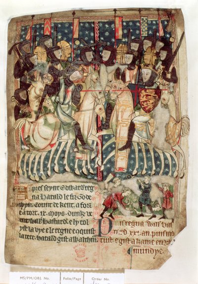 Cott Vitt A XIII f.3v William zabíjející Harolda v bitvě u Hastingsu, z „Dekretů králů anglosaské a normanské Anglie“ (vellum) od English School
