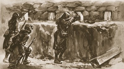 Závěsy na oknech chaty jako zákopové střílny: Francouzská pomůcka, jak zmást nepřátelského ostrostřelce, z The Illustrated War News, 1915 od English School