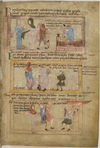 Bavlna Claudius B IV fol.10 Lámech a jeho dvě ženy a jeho syn Tubalcain, kovář, při práci (vellum) od English School