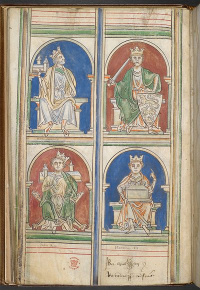 Bavlna Claudius D VI f.9v Čtyři králové Anglie: Jindřich II., Richard I., Jan a Jindřich III. od Anglických králů od Bruta po Jindřicha III., od Matthew Paris, kolem 1250-59 (vellum) od English School