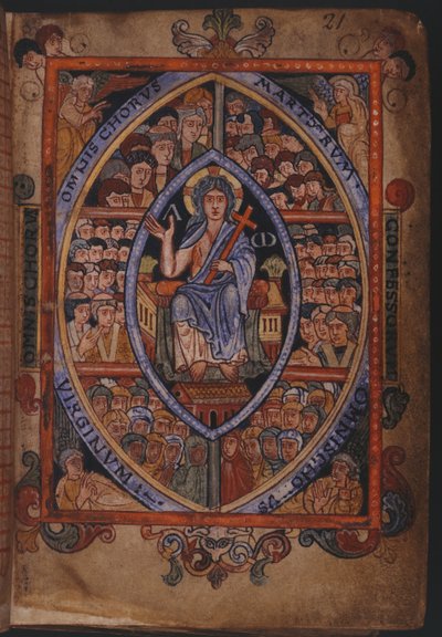 Bavlna Galba A. XVIII, f.21 Kristus trůnící se sbory mučedníků, vyznavačů a panen od English School