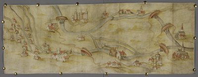 Cotton MS Augustus I i 65 Mapa řeky Trent a jejích přítoků mezi Nottinghamem a Newarkem, kolem 1540 (pero a inkoust s akvarelem na papíře) od English School