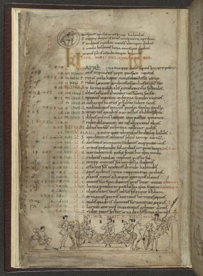 Cotton MS Julius A. VI, f.4v, Kalendářní stránka na duben: Hodová scéna se třemi šlechtici (vellum) od English School