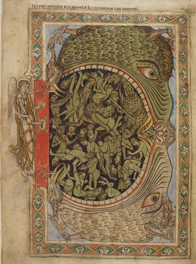 Bavlna Nero C IV f.39 Pekelné čelisti sevřené andělem, z žaltáře Jindřicha z Blois, kolem 1121-61 (vellum) od English School