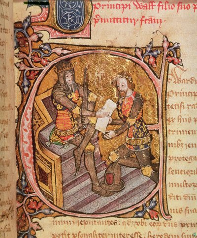 Bavlna Nero D VI fol.31 Edward III uděluje Černému princi Akvitánské knížectví od English School