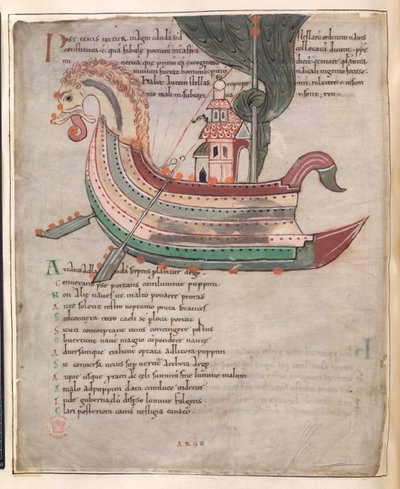 Bavlna Tiberius B. V, část 1, f.40v, loď, s věží a hadí hlavou (vellum) od English School
