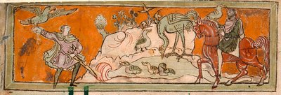 Bavlna Tiberius B. V, část 1, f.7v Lov se sokolem, ilustrace pro říjen z 
