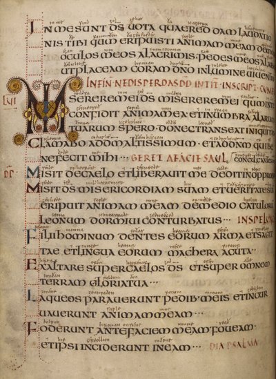 Bavlna Vespasian A. I, f.55v Žalm 56 se staroanglickým leskem a zdobenou iniciálou MI od English School