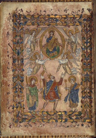 Cotton Vespasian A. VIII, f.2v Edgar nabízí chartu Kristu, ilustrace z 