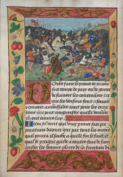 Bavlna Vespasian A xvii, f.13v, Anglický král nasedl na bílého koně, pronásledoval prchajícího krále Francie, z Manuálu Roberta de Balsaca o válčení pro poučení prince, kolem 1490 (vellum) od English School