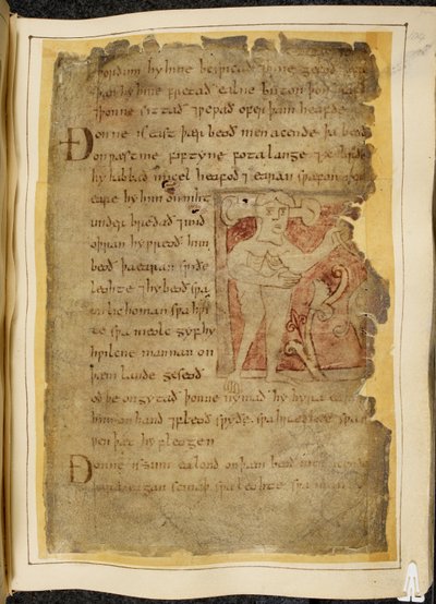 Bavlna Vitellius A. XV f.104r, A panotii, tj. muž s ušima vyčnívajícími na stopkách, držící předmět, který vypadá jako luk, ilustrace od Beowulfa, z 