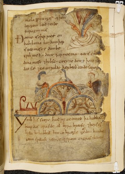 Bavlník Vitellius A. XV f.105, zlatá réva; tři mluvící lidé představující laskavý národ, který vládne Rudému moři, kde se nacházejí ty nejlepší perly, ilustrace od Beowulfa, z „Nowellova kodexu“ (inkoust na pergamenu) od English School