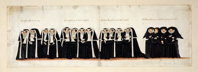 Pomocnice hraběnek; Hraběnky a vikomtesy; dcery hrabat a baronek; Paní cti a tajné komory. Část pohřebního průvodu královny Alžběty I. do Westminsterského opatství, 28. dubna 1603 od English School