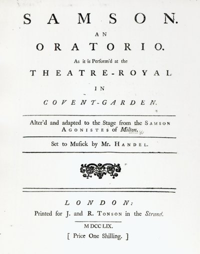 Obálka notového záznamu pro Samsona, Händelovo oratorium, vydané v roce 1759 od English School