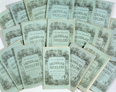 Obálky z měsíčních vydání The Life and Adventures of Nicholas Nickleby od Charlese Dickense (1812-70), publikovaných v roce 1839 (viz 136075) od English School