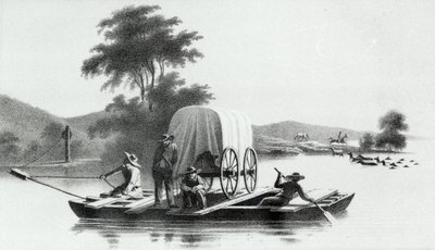 Crossing of Platte Mouth of Deer Creek, z průzkumu a průzkumu údolí Velkého solného jezera v Utahu od Howarda Stansburyho, publikoval 1852 od English School