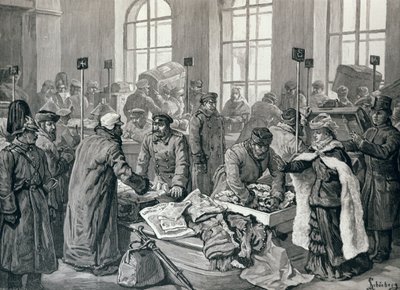 Celní úředníci zkoumající zavazadla cestujících z Německa ve Wirballenu na ruské hranici z „The Illustrated London News“, 29. ledna 1887 od English School