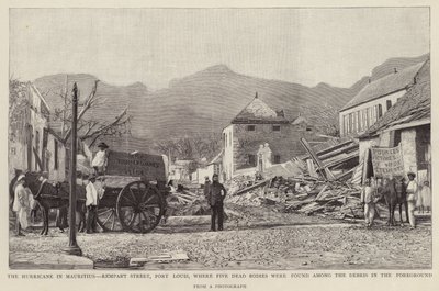 Škody na Rempart Street, Port Louis, způsobené cyklónem Mauricius (litho) z roku 1892 od English School