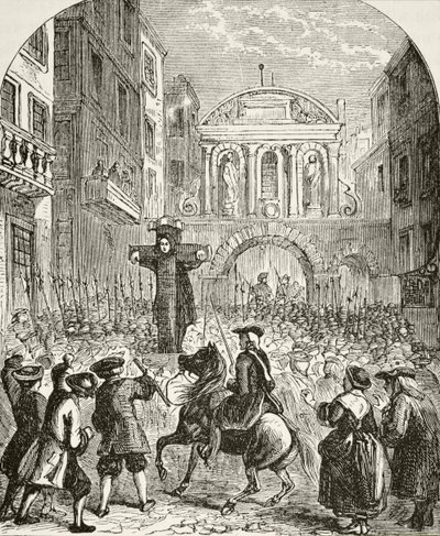 Daniel Defoe na pranýři v Temple Bar, z „Národní a domácí historie Anglie“ od Williama Hickmana Smith Aubrey (1858-1916), vydaný v Londýně, kolem roku 1890 od English School