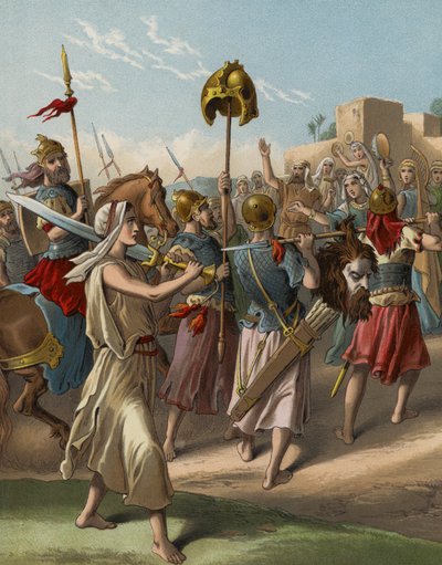 David se vrací ze zabití Pelištejců (chromolitho) od English School