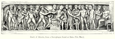 Smrt Alcestis, ze sarkofágu nalezeného v Ostii (rytina) od English School
