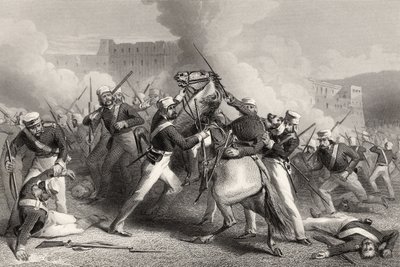 Smrt brigádního generála Adriana Hopea při útoku na Fort of Roodmow, 15. dubna 1858, z „Historie indické vzpoury“ vydané v roce 1858 od English School