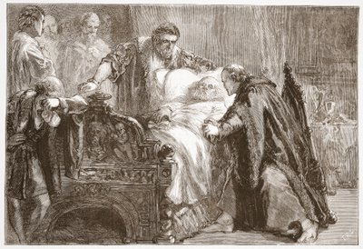 Smrt Frederika Moudrého, saského kurfiřta, ilustrace z Dějin protestantismu od Jamese Aitkena Wylie (1808-1890), pub. 1878 od English School