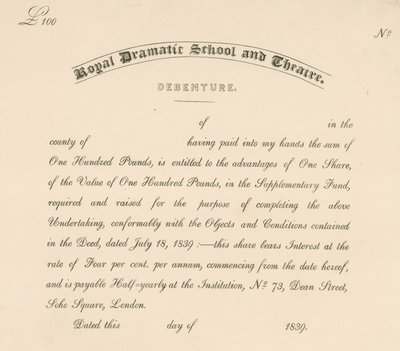Dluhopis pro Královskou dramatickou školu a divadlo, 73 Dean Street, Soho Square, Londýn od English School