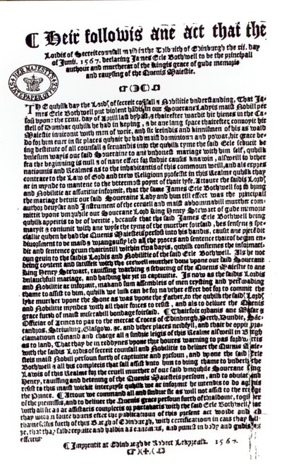 Prohlášení lordů označující hraběte z Bothwellu jako vraha lorda Darnleyho, 1567 (pero a inkoust na papíře) od English School