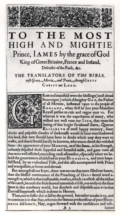 Věnování v Bibli svaté, kterou vydal Robert Barker, 1611. od English School