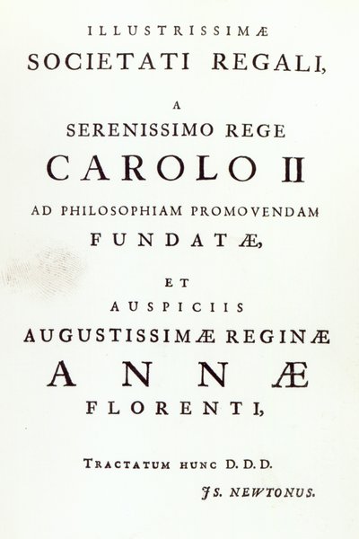 Věnování Královské společnosti druhého vydání Newtons Philosophiae Naturalis Principia Mathematica. 1713 od English School